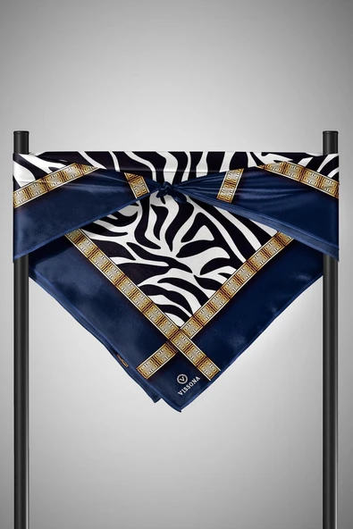 % 57 İPEK % 43 VİSKON Twill İpek Zebra Desenli Lacivert - Gold Renkli 90x90 Eşarp Dikim Şekli : El Dikişi - Resim 3