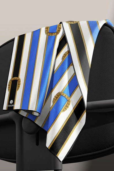 %100 Twill İpek Kemer Desenli Siyah - Saks Renkli 90x90 Eşarp Dikim Şekli : El Dikişi - Resim 4