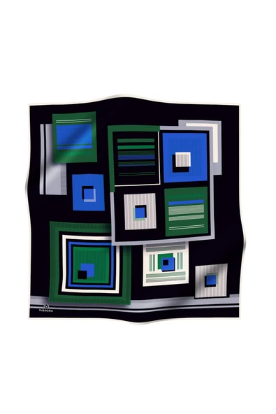 %100 Twill İpek Kare Desenli Zümrüt Yeşili - Saks Renkli 90x90 Eşarp Kenar Dikiş Şekli El Dikişli - Resim 2