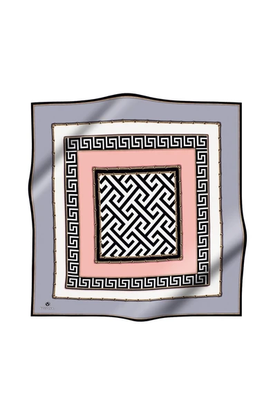 %100 Twill İpek Labirent Ve Geometrik Desenli Gri - Pudra Renkli 90x90 Eşarp Dikim Şekli : El Dikişi - Resim 2