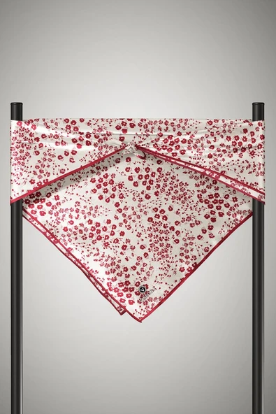 %100 Twill İpek Çıtır Çiçek Desenli Krem - Bordo Renkli 90x90 Eşarp Dikim Şekli : El Dikişi - Resim 4