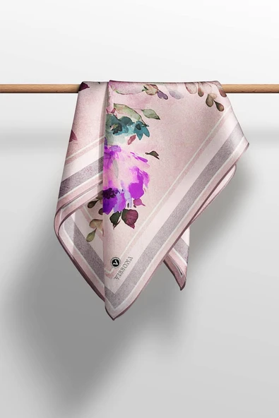 %100 Twill İpek Bahar Çiçekleri Desenli Fuşya - Petrol Mavisi Renkli 90x90 Eşarp Dikim Şekli : El Dikişi - Resim 5