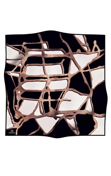 % 57 İPEK % 43 VİSKON Twill İpek Gold Efektli Geometrik Desenli Siyah - Krem Renkli 90x90 Eşarp Dikim Şekli : El Dikişi - Resim 2