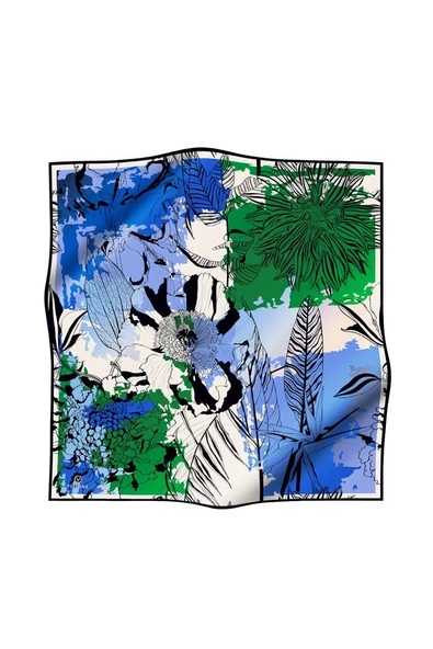 %100 Twill İpek Yaprak Desenli Saks - Zümrüt Yeşili Renkli 90x90 Eşarp Dikim Şekli : El Dikişi - Resim 2