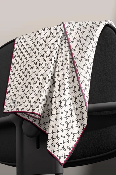 %100 Twill İpek Geometrik Desenli Siyah - Krem Renkli 90x90 Eşarp Dikim Şekli : El Dikişi - Resim 5