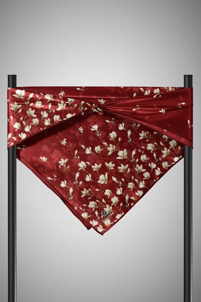 % 57 İPEK % 43 VİSKON Twill İpek Çiçek Desenli Bordo Renkli 90x90 Eşarp Dikim Şekli : El Dikişi - Resim 5