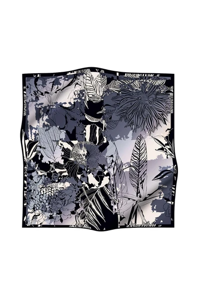 %100 Twill İpek Yaprak Desenli Gri - Siyah Renkli 90x90 Eşarp Dikim Şekli : El Dikişi - Resim 2