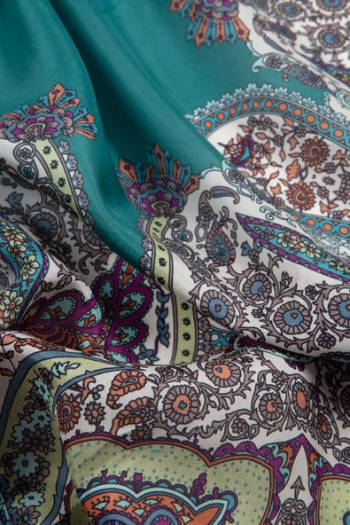 100% İpek Etro Desenli Petrol Yeşili Renkli 92x210 Şal - Resim 3