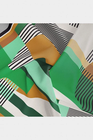100% Twill İpek Geometrik Desenli Zümrüt Yeşili - Hardal Renkli 90x90 Dikim Şekli : El Dikişi Eşarp - Resim 4