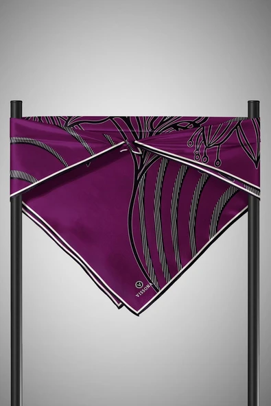 %100 Twill İpek Çizgili Çiçek Desenli Mürdüm - Siyah Renkli 90x90 Eşarp Dikim Şekli : El Dikişi - Resim 6