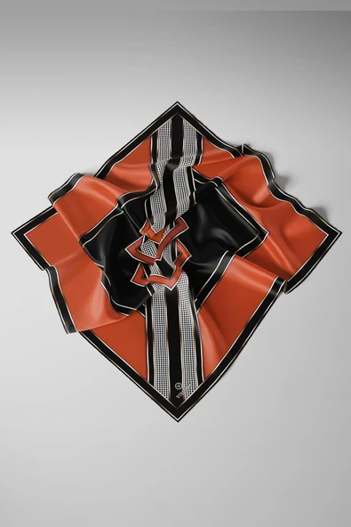 %100 Twill İpek Kareli Kazayaklı Desenli Taba - Siyah Renkli 90x90 Eşarp Kenar Dikiş Şekli El Dikişli - Resim 3