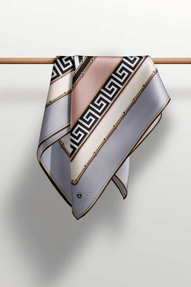 %100 Twill İpek Labirent Ve Geometrik Desenli Gri - Pudra Renkli 90x90 Eşarp Dikim Şekli : El Dikişi - Resim 3