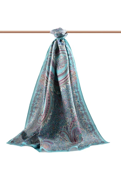 100% İpek Etro Desenli Turkuaz - Pudra Renkli 92x210 Şal - Resim 2