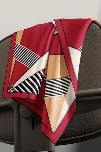 %100 Twill İpek Çizgili ve Geometrik Desenli Bordo - Vizon Renkli 90x90 Eşarp Dikim Şekli : El Dikişi - Resim 3