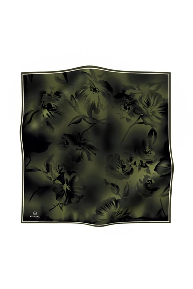 % 57 İPEK % 43 VİSKON Twill İpek Çiçek Desenli Haki Renkli 90x90 Dikim Şekli : El Dikişi Eşarp - Resim 2