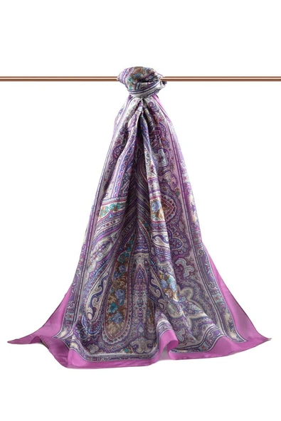 %100 İpek Etro Desenli Fuşya Renkli 92x210 Şal - Resim 2