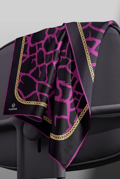 %100 Twill Taş Desenli Mürdüm - Siyah Renkli 90x90 Eşarp Dikim Şekli: El Dikişi - Resim 5