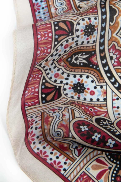 100% İpek Etro Desenli Taş - Bordo Renkli 92x210 Şal - Resim 4
