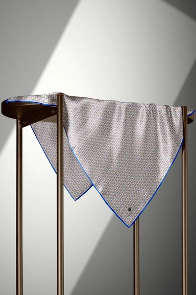 %100 Twill İpek Çizgi Desenli Saks Renkli 90x90 Eşarp Dikim Şekli : El Dikişi - Resim 4