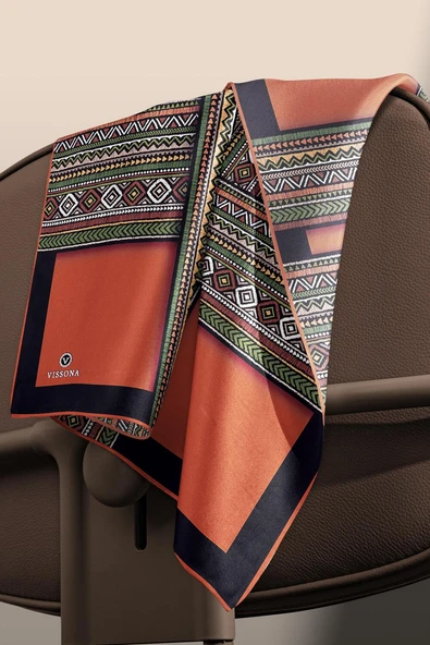 %100 Twill İpek Etnik Desenli Taba - Haki Renkli 90x90 Eşarp Dikim Şekli : El Dikişi - Resim 4