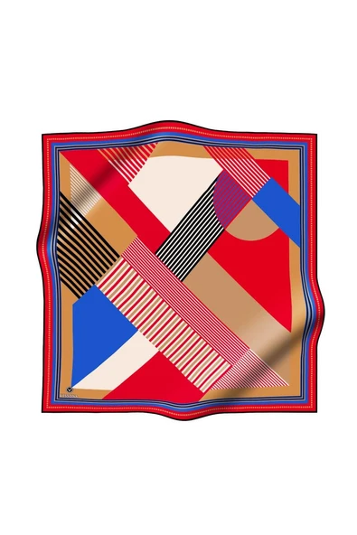 %100 Twill İpek Geometrik Desenli Kırmızı - Saks Renkli 90x90 Eşarp Dikim Şekli : El Dikişi - Resim 2