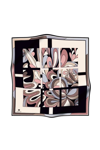 % 57 İPEK % 43 VİSKON Twill İpek Geometrik Desenli Gri - Pudra Renkli 90x90 Dikim Şekli : El Dikişi Eşarp - Resim 2