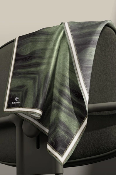 100% Twill İpek Monogram Desenli Haki Renkli 90x90 Dikim Şekli : El Dikişi Eşarp - Resim 3