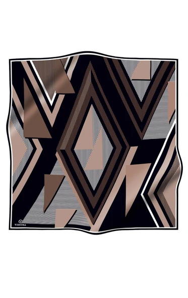 %100 Twill İpek Geometrik Desenli Bej - Siyah Renkli 90x90 Eşarp Dikim Şekli : El Dikişi - Resim 2