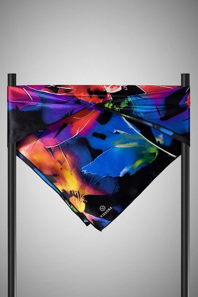 %100 Twill İpek Sulu Boya Çiçek Desenli Siyah Renkli 90x90 Eşarp Dikim Şekli : El Dikişi - Resim 3