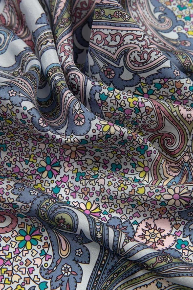 100% İpek Etro Desenli Bebe Mavisi - Pembe Renkli 92x210 Şal - Resim 3