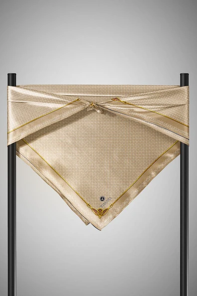 %100 Twill İpek Minik Motif Desenli Bej - Krem Renkli 90x90 Eşarp Dikim Şekli : El Dikişi - Resim 3