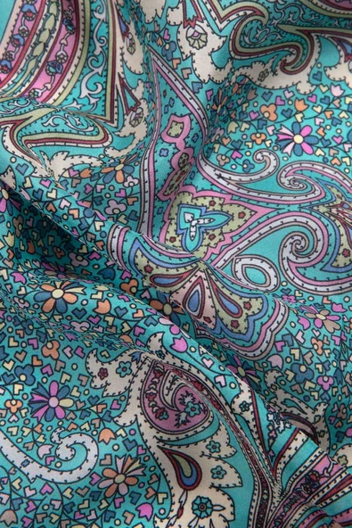 100% İpek Etro Desenli Turkuaz - Pudra Renkli 92x210 Şal - Resim 3