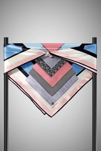 %100 Twill İpek Geometrik Desenli Bebe Mavisi - Pudra Renkli 90x90 Eşarp Dikim Şekli : El Dikişi - Resim 4