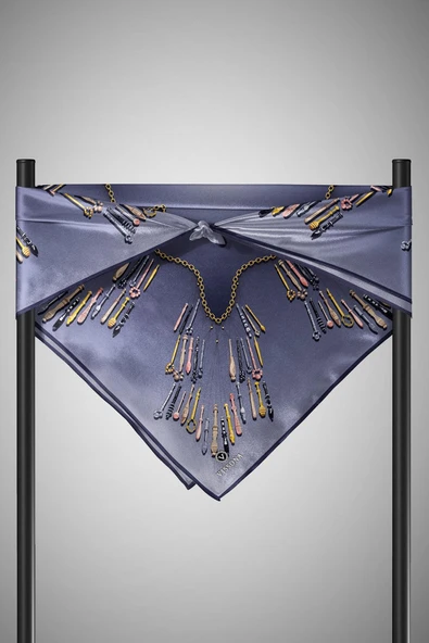 %100 Twill İpek Zincir Desenli Füme Renkli 90x90 Eşarp Dikim Şekli : El Dikişi - Resim 5