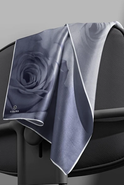 %100 Twill İpek Gül Desenli Gri - Gümüş Renkli 90x90 Eşarp Dikim Şekli : El Dikişi - Resim 5