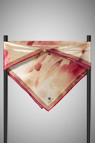 %100 Twill İpek Yaprak Desenli Bordo Renkli 90x90 Eşarp Dikim Şekli : El Dikişi - Resim 5