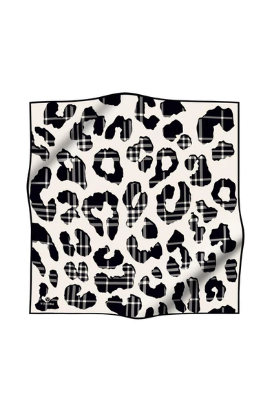 %100 Twill İpek Leopar Desenli Krem - Siyah Renkli 90x90 Eşarp Dikim Şekli : El Dikişi - Resim 2