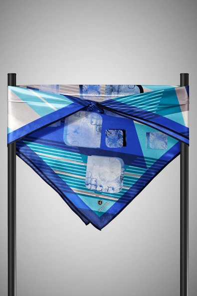 %100 Twill İpek Geometrik Desenli Saks - Mint Yeşili Renkli 90x90 Eşarp Dikim Şekli : El Dikişi - Resim 4