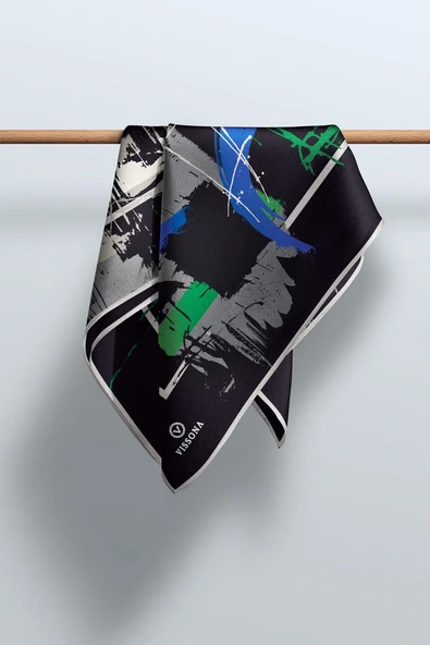 % 57 İPEK % 43 VİSKON Twill İpek Geometrik Desenli Saks - Zümrüt Yeşili Renkli 90x90 Eşarp Dikim Şekli : El Dikişi - Resim 5