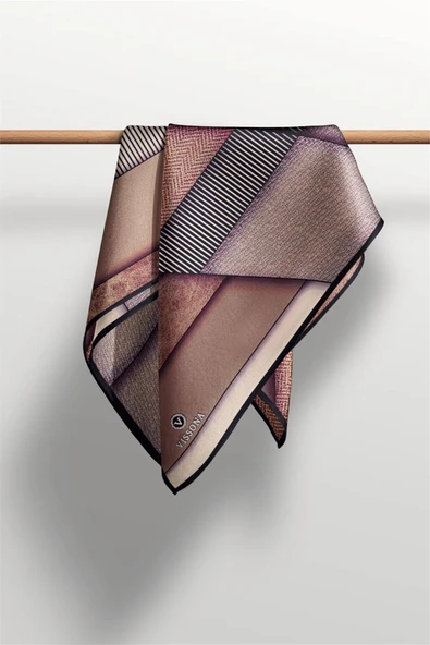 %100 Twill İpek Dokulu ve Geometrik Desenli Bej - Kahverengi Renkli 90x90 Eşarp Dikim Şekli : El Dikişi - Resim 2
