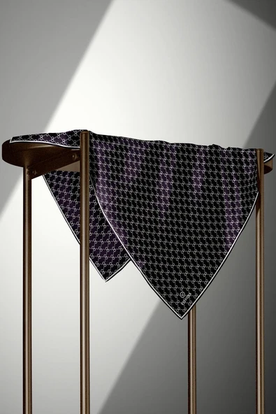 %100 Twill İpek Geometrik Desenli Siyah - Beyaz Renkli 90x90 Eşarp Dikim Şekli : El Dikişi - Resim 3