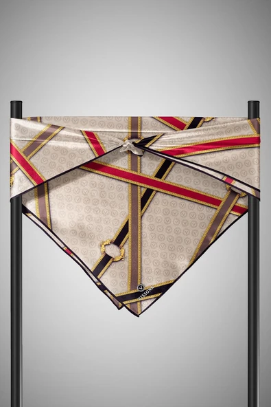 %100 Twill İpek Kemerli Ve Monogram Desenli Bej - Bordo Renkli 90x90 Eşarp Dikim Şekli : El Dikişi - Resim 6