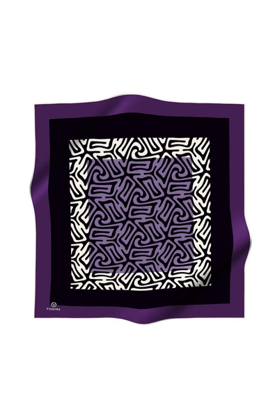 100% Twill İpek Bordürlü Dalga Desenli Siyah - Mürdüm Renkli 90x90 Dikim Şekli : El Dikişi Eşarp - Resim 2