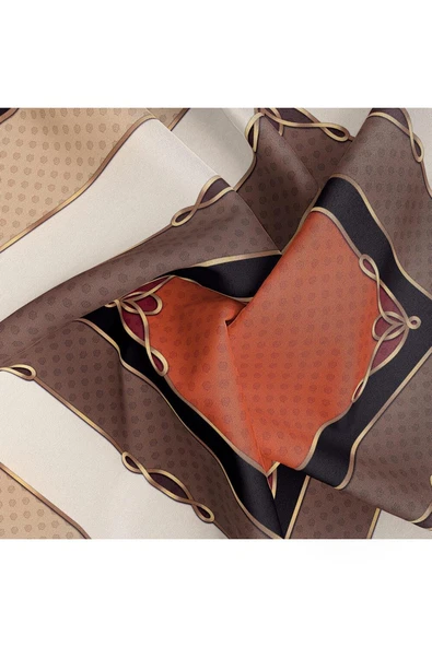 %100 Twill İpek Puantiyeli ve Geometrik Desenli Bej - Taba Renkli 90x90 Eşarp Dikim Şekli : El Dikişi - Resim 6