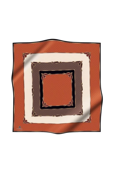 % 57 İPEK % 43 VİSKON Twill İpek Puantiyeli Ve Geometrik Desenli Taba - Vizon Renkli 90x90 Eşarp Dikim Şekli : El Dikişi - Resim 2