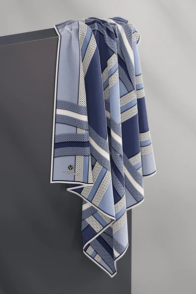 %100 Twill İpek Geometrik Desenli İndigo - Krem Renkli 90x90 Eşarp Dikim Şekli : El Dikişi - Resim 4