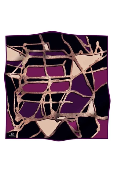 % 57 İPEK % 43 VİSKON Twill İpek Gold Efektli Geometrik Desenli Siyah - Mürdüm Renkli 90x90 Eşarp Dikim Şekli : El Dikişi - Resim 2