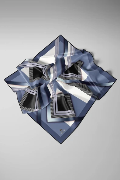 %100 Twill İpek Zebra Desenli İndigo - Siyah Renkli 90x90 Eşarp Dikim Şekli : El Dikişi - Resim 5