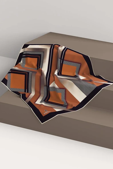 %100 Twill İpek Zebra Desenli Taba - Siyah Renkli 90x90 Eşarp Dikim Şekli : El Dikişi - Resim 4