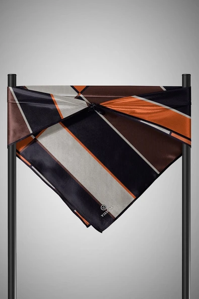 %100 Twill İpek Geometrik Desenli Taba Renkli 90x90 Eşarp Dikim Şekli : El Dikişi - Resim 2